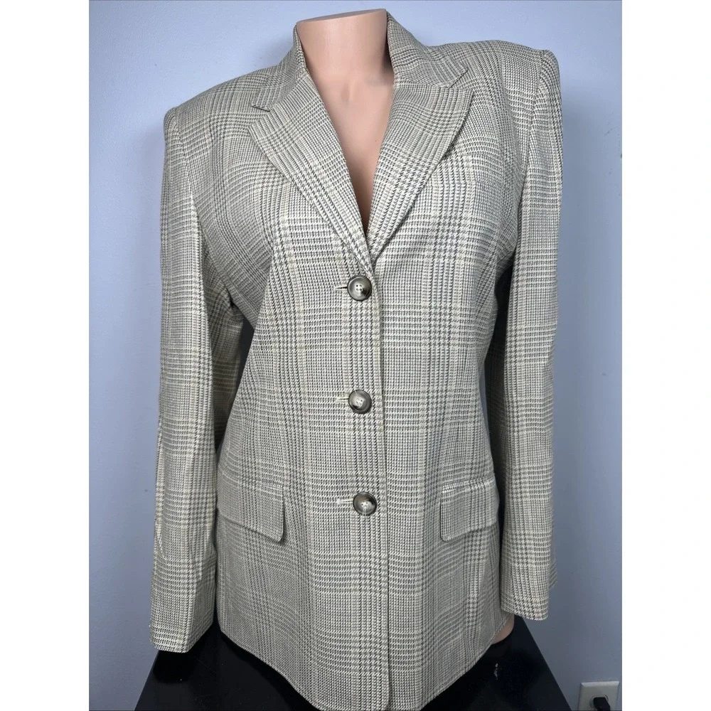 Vintage Talbots Blazer Womens Size 10 Beige Plaid Button Lined Silk Blend USA